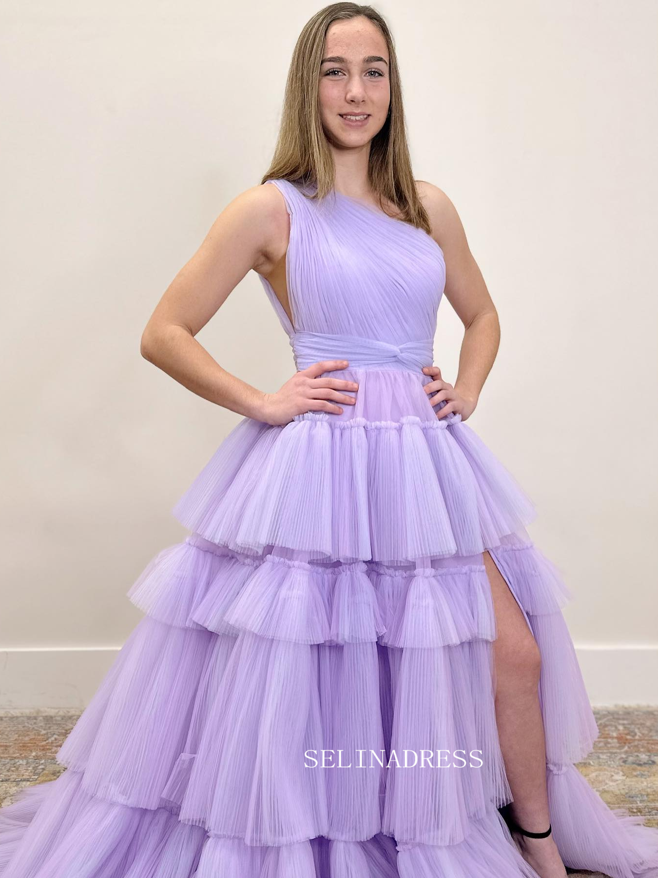 Ball Gown One Shoulder Lilac Tiered Tulle Long Prom Dress sew1070