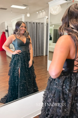 Black 3D Floral Prom Dress with Satin Bodice Tiered Tulle Skirt SEA205|Selinadress