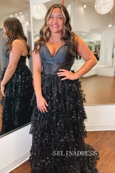 Black 3D Floral Prom Dress with Satin Bodice Tiered Tulle Skirt SEA205|Selinadress