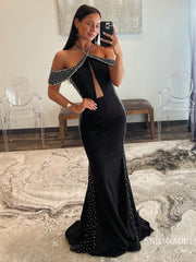Black Halter Mermaid Long Prom Dress Beaded Evening Dresses sew0703|Selinadress