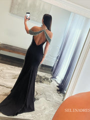 Black Halter Mermaid Long Prom Dress Beaded Evening Dresses sew0703|Selinadress