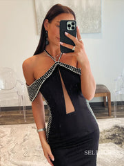Black Halter Mermaid Long Prom Dress Beaded Evening Dresses sew0703|Selinadress