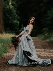 Blue Floral Embroidered Tulle Ball Gown Rustic Wedding Dresses Prom Dress with Court Train COK100|Selinadress