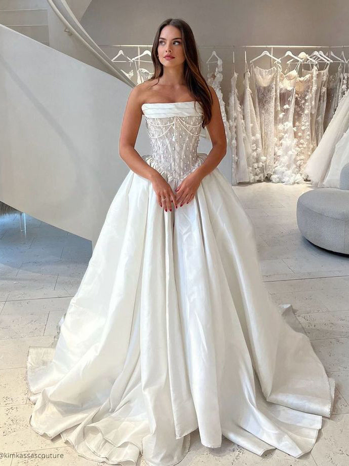 Strapless A-line Satin Wedding Dresses Beaded Rustic Bridal Gowns CBA030|Selinadress