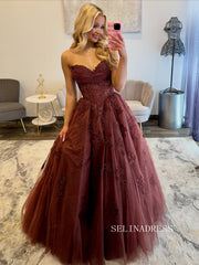 Elegant Burgundy Strapless Ball Gown with Intricate Lace Appliqués COK035|Selinadress