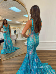 Charming Mermaid V neck Sparkly Sequins Blue Long Prom Dress lpk551|Selinadress