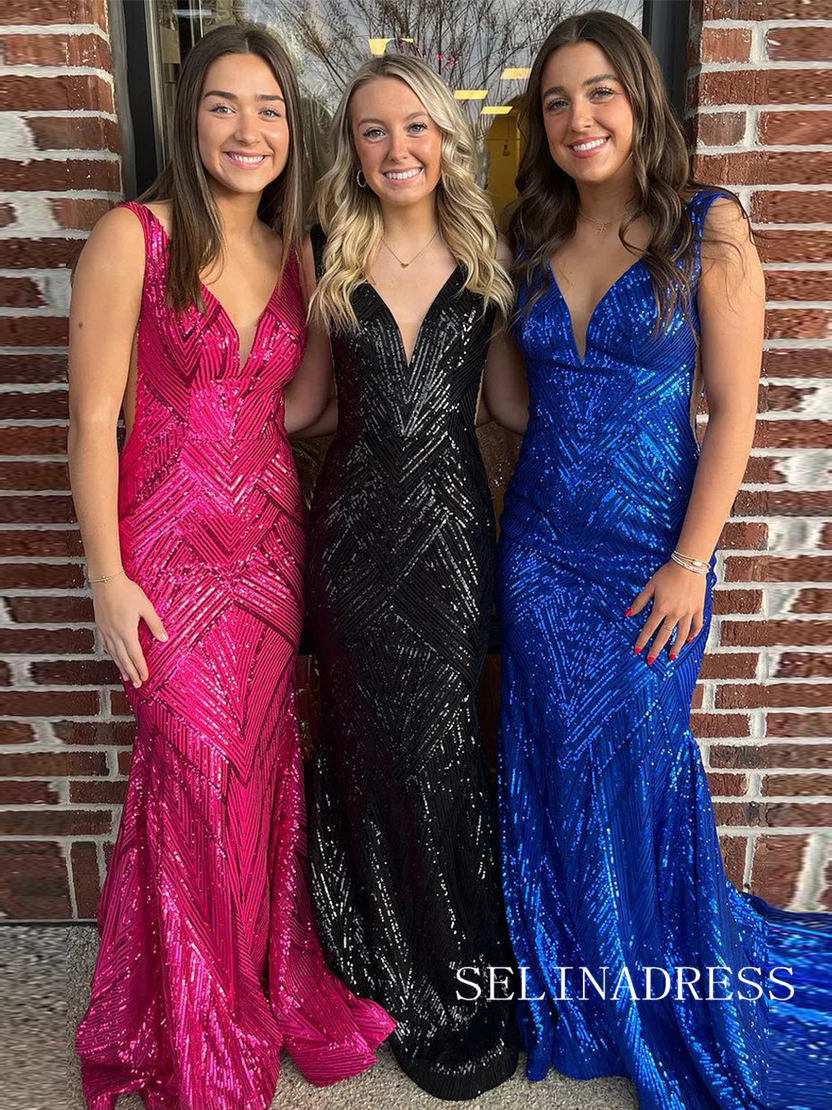 Charming Mermaid V Neck Sparkly Sequins Long Prom Dress lpk537|Selinadress