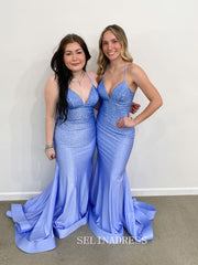 Charming Mermaid Spaghetti Straps Blue Sparkly Long Prom Dress With Rhinestone lpk554