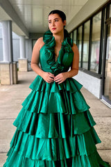 Chic A-line Flouncing Halter Unique Sage Long Prom Dress Multi-layered Evening Gowns LPK201|Selinadress