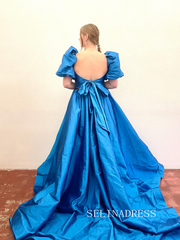 Chic A-line Puff Sleeve Prom Dress Cheap Satin Long Evening Gowns lpk503|Selinadress