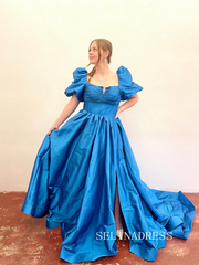 Chic A-line Puff Sleeve Prom Dress Cheap Satin Long Evening Gowns lpk503|Selinadress