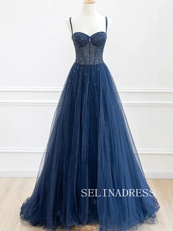 Chic A-line Shiny Dark Navy Long Prom Dresses Gorgeous Evening Dress TKH002|Selinadress