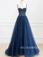 Chic A-line Shiny Dark Navy Long Prom Dresses Gorgeous Evening Dress TKH002|Selinadress