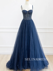Chic A-line Shiny Dark Navy Long Prom Dresses Gorgeous Evening Dress TKH002|Selinadress