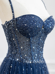 Chic A-line Shiny Dark Navy Long Prom Dresses Gorgeous Evening Dress TKH002|Selinadress