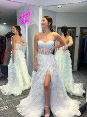 Chic A-line Sweetheart Long Pom Dress White Sparkly Evening Dresses LPK176|Selinadress