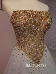 Chic A-line White Long Prom Dresses With Gold Beaded Elegant Formal Evening Gowns SEA029|Selinadress