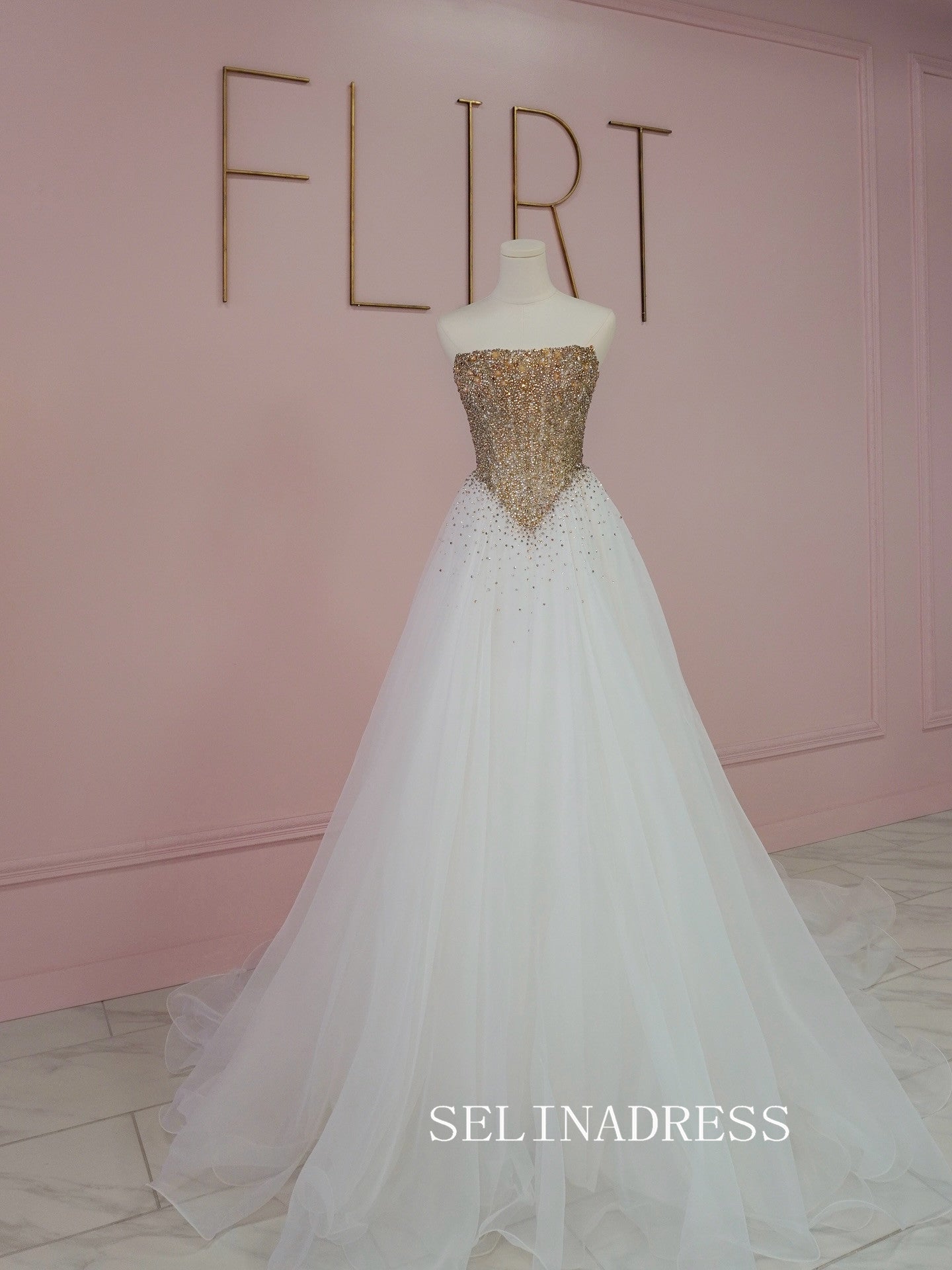 Chic A-line White Long Prom Dresses With Gold Beaded Elegant Formal Evening Gowns SEA029|Selinadress