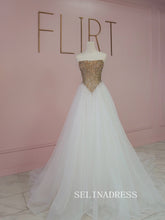 Chic A-line White Long Prom Dresses With Gold Beaded Elegant Formal Evening Gowns SEA029|Selinadress