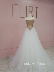 Chic A-line White Long Prom Dresses With Gold Beaded Elegant Formal Evening Gowns SEA029|Selinadress