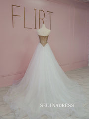 Chic A-line White Long Prom Dresses With Gold Beaded Elegant Formal Evening Gowns SEA029|Selinadress