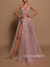 Chic Deep V neck Beaded Prom Dresses Modest Thigh Split Long Evening Dress TKH009|Selinadress
