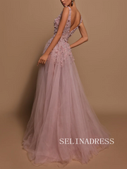 Chic Deep V neck Beaded Prom Dresses Modest Thigh Split Long Evening Dress TKH009|Selinadress