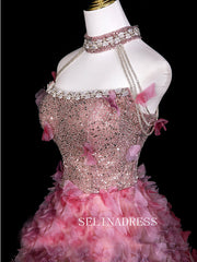 Chic High Neck Pink Prom Dresses With Sequins Rhinestone Evening Dress CRN073|Selinadress