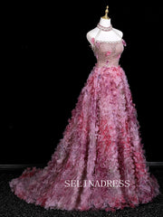 Chic High Neck Pink Prom Dresses With Sequins Rhinestone Evening Dress CRN073|Selinadress