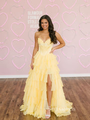 Chic Light Yellow Long Prom Dresses With Ruffles Elegant Evening Gowns SEA030|Selinadress
