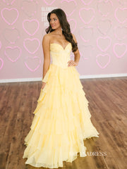 Chic Light Yellow Long Prom Dresses With Ruffles Elegant Evening Gowns SEA030|Selinadress