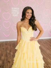 Chic Light Yellow Long Prom Dresses With Ruffles Elegant Evening Gowns SEA030|Selinadress