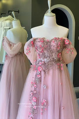 Chic A-line Off Shoulder Lilac Long Prom Dresses Floral Applique Prom Dress Evening Gowns POL017