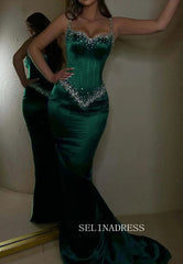 Chic Black Mermaid Elegant Long Prom Dresses Beaded Evening Dress sew03344|Selinadress