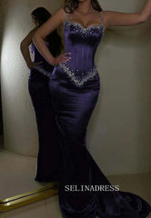 Chic Black Mermaid Elegant Long Prom Dresses Beaded Evening Dress sew03344|Selinadress