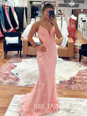 Chic Mermaid Spaghetti Straps Pink Long Prom Dresses Elegant Beaded Evening Gowns CRN036|Selinadress