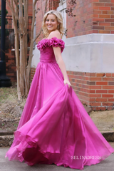 Cute A-line Off-the-shoulder Tulle Magenta Long Prom Dress lpk570|Selinadress