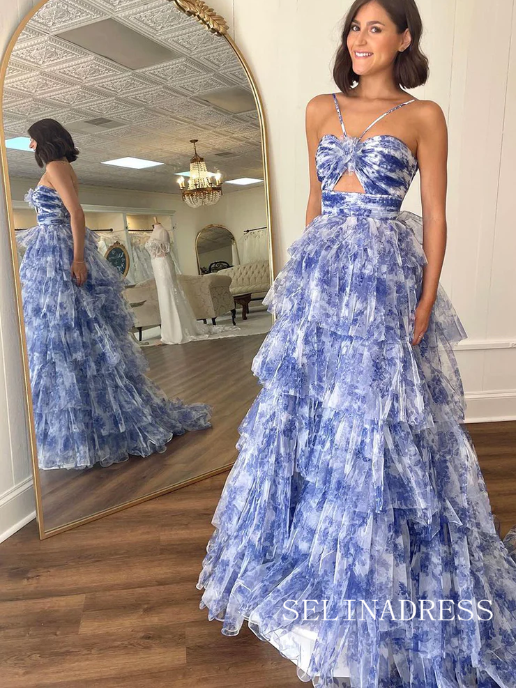 Cute A Line Cutout Straps Floral Print Tulle Tiered Prom Dress lpk534|Selinadress