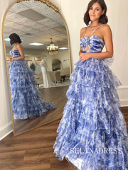Cute A Line Cutout Straps Floral Print Tulle Tiered Prom Dress lpk534|Selinadress