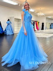 Cute A Line One Shoulder Blue Tulle Prom Dress with Appliques lpk531|Selinadress
