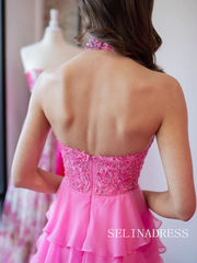 Cute A Line Pink Chiffon Tiered Halter Prom Dress with Appliques lpk527|Selinadress