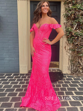 Cute Off the Shoulder Pink Lace Prom Dress Mermaid Evening Dress lpk533|Selinadress