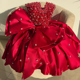 Red Strapless Short Prom Dress Homecoming Dress With Rhinestone&Bow # TKL680