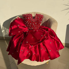 Red Strapless Short Prom Dress Homecoming Dress With Rhinestone&Bow # TKL680