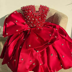 Red Strapless Short Prom Dress Homecoming Dress With Rhinestone&Bow # TKL680