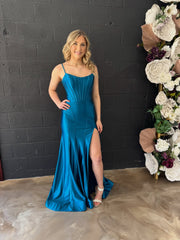 Peacock Fitted Jersey Corset Mermaid Prom Dress with High Slit & Scoop Neck Satin Eveing Dress SKL009|Selinadress