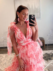 Deep V-Neck A-line Tie Straps Floral Print Layered Long Prom Dresses lpk811|Selinadress