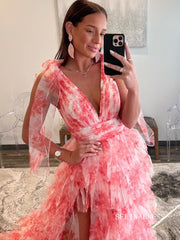 Deep V-Neck A-line Tie Straps Floral Print Layered Long Prom Dresses lpk811|Selinadress