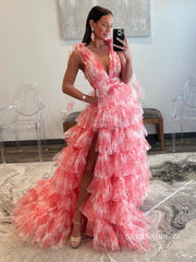 Deep V-Neck A-line Tie Straps Floral Print Layered Long Prom Dresses lpk811|Selinadress