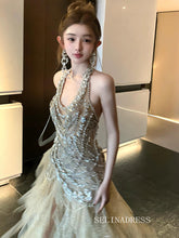 Elegant Halter Sparkly Beaded Tulle Long Prom Dresses Evening Dresses YY003|Selinadress